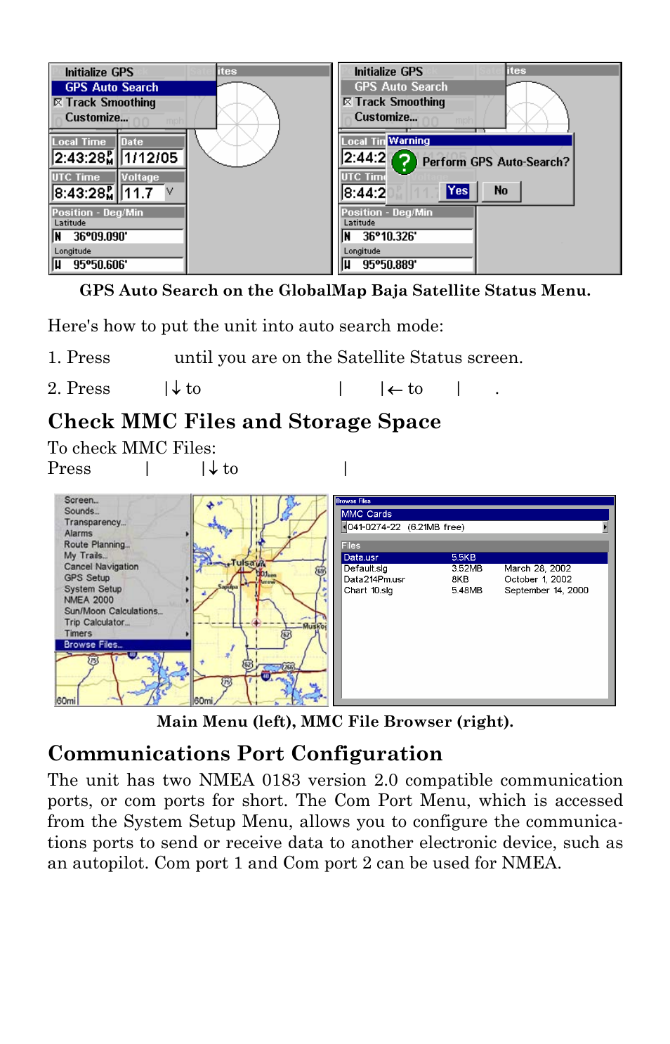 Check mmc files and storage space, Communications port configuration | Lowrance electronic GlobalMap Baja 840C User Manual | Page 79 / 164