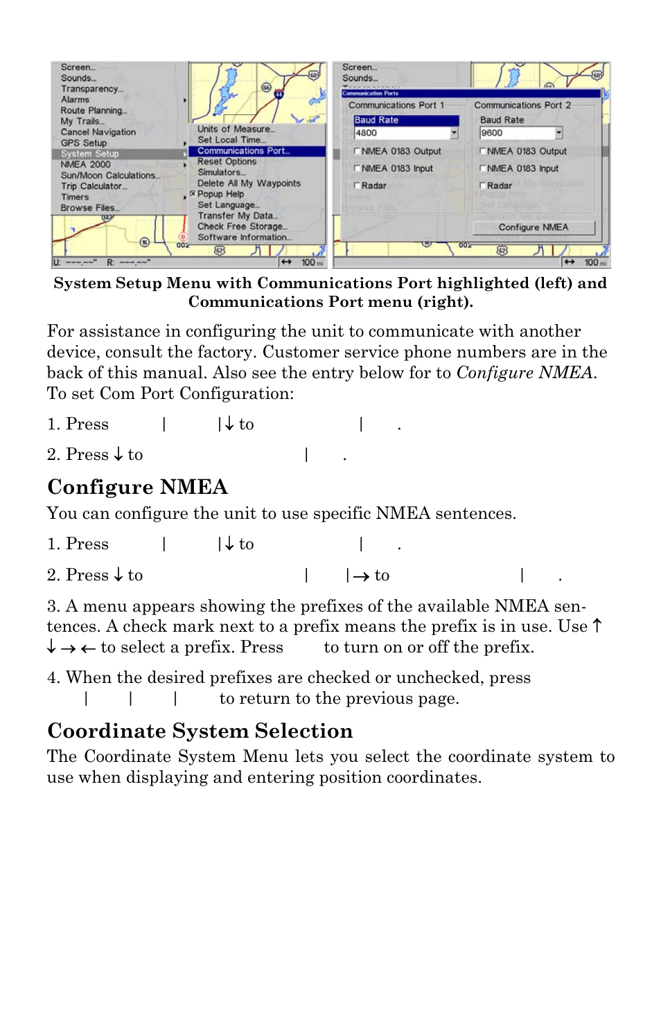 Configure nmea, Coordinate system selection | Lowrance electronic GlobalMap Baja 840C User Manual | Page 80 / 164