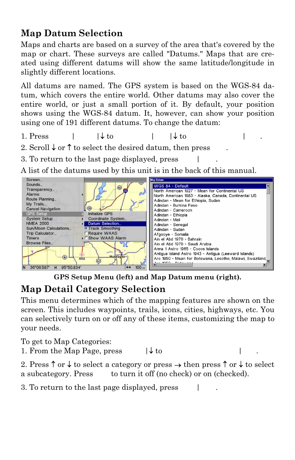 Map datum selection, Map detail category selection | Lowrance electronic GlobalMap Baja 840C User Manual | Page 89 / 164