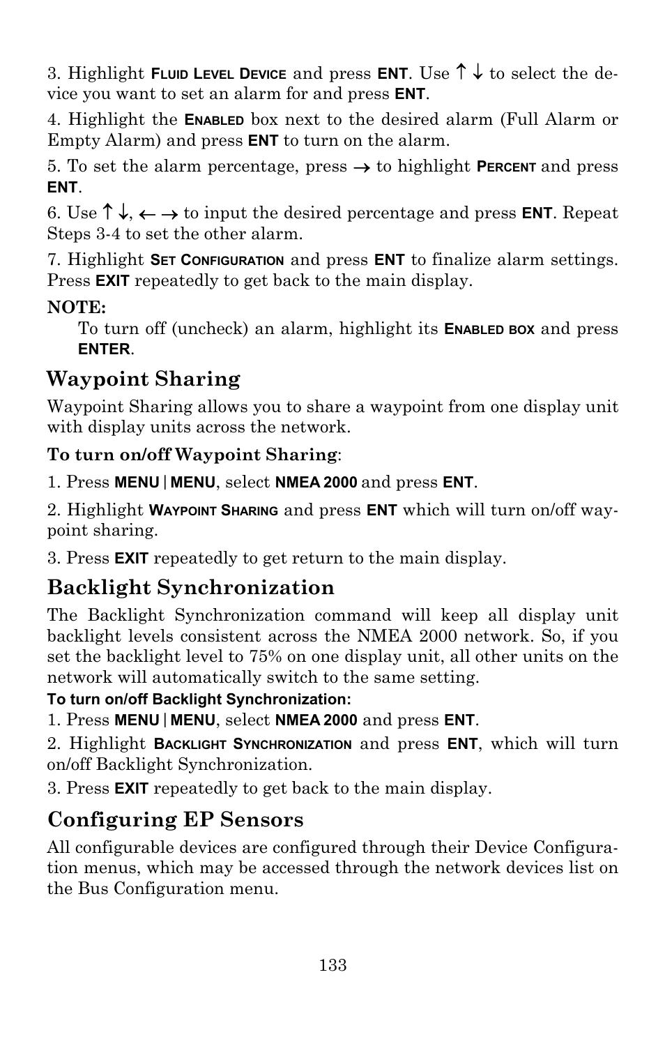 Waypoint sharing, Backlight synchronization, Configuring ep sensors | Lowrance electronic 5300c User Manual | Page 141 / 172