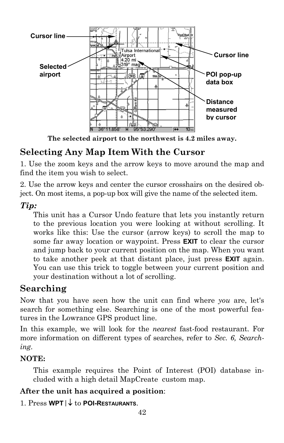 Selecting any map item with the cursor, Searching | Lowrance electronic 5300c User Manual | Page 50 / 172