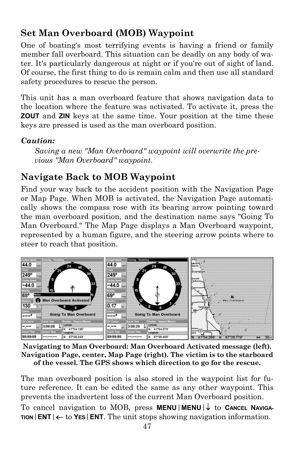 Set man overboard (mob) waypoint, Navigate back to mob waypoint | Lowrance electronic 5300c User Manual | Page 55 / 172