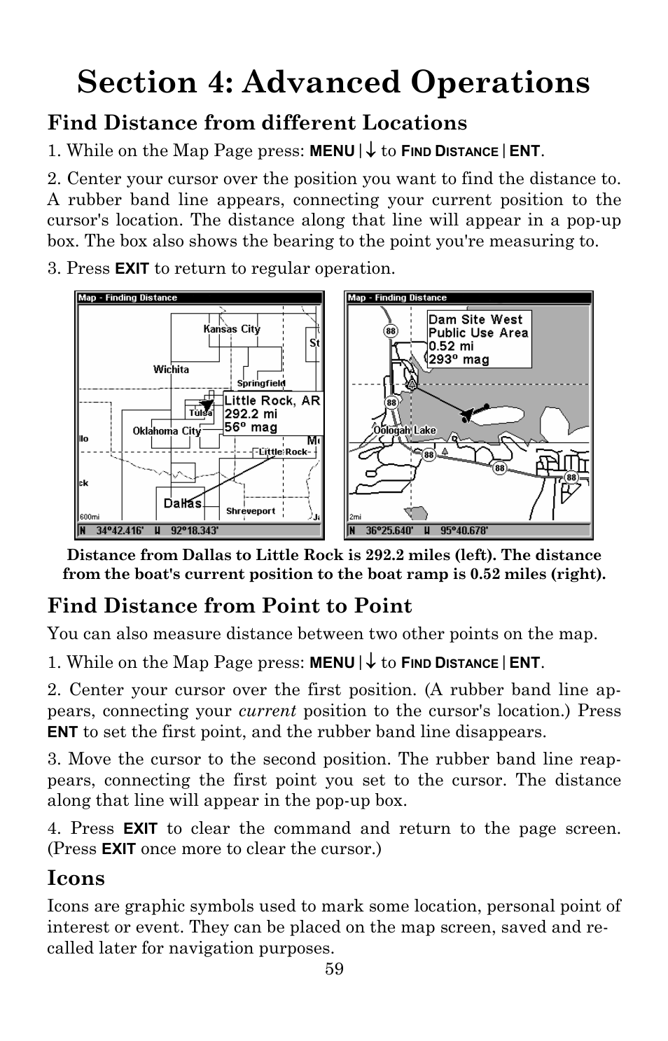 Find distance from different locations, Find distance from point to point, Icons | Lowrance electronic 5300c User Manual | Page 67 / 172