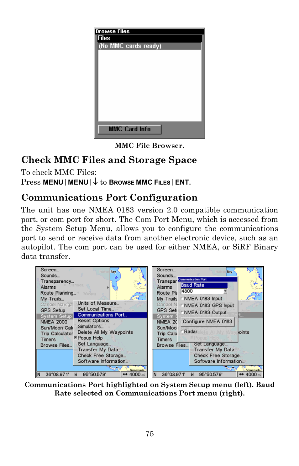 Check mmc files and storage space, Communications port configuration | Lowrance electronic 5300c User Manual | Page 83 / 172