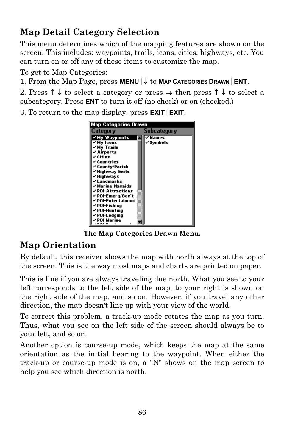 Map detail category selection, Map orientation | Lowrance electronic 5300c User Manual | Page 94 / 172