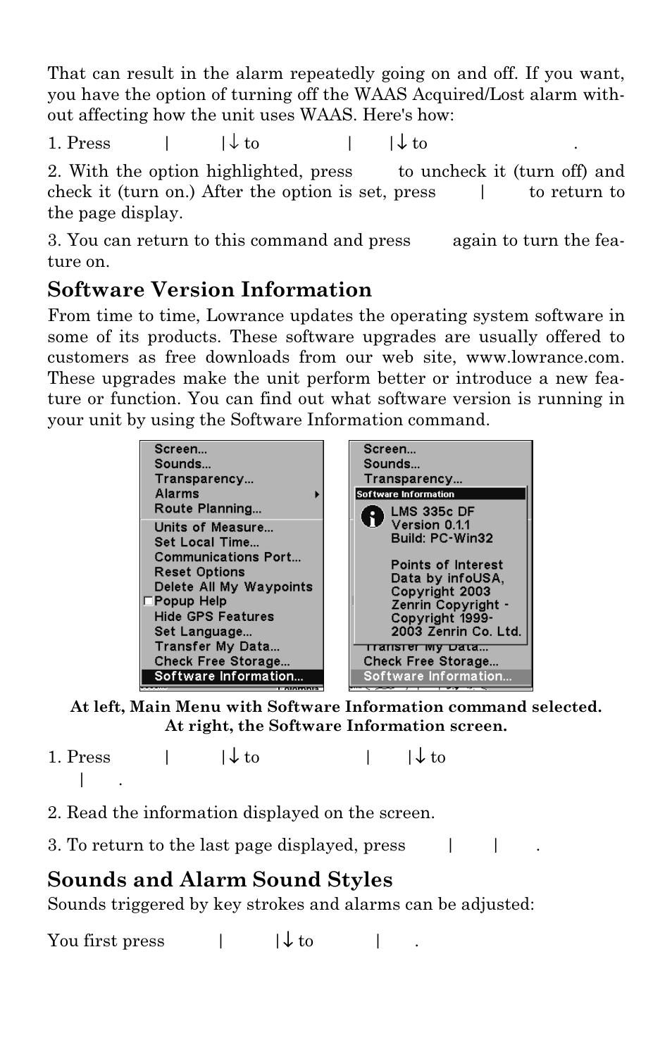 Software version information, Sounds and alarm sound styles | Lowrance electronic GlobalMap 3300C User Manual | Page 102 / 140