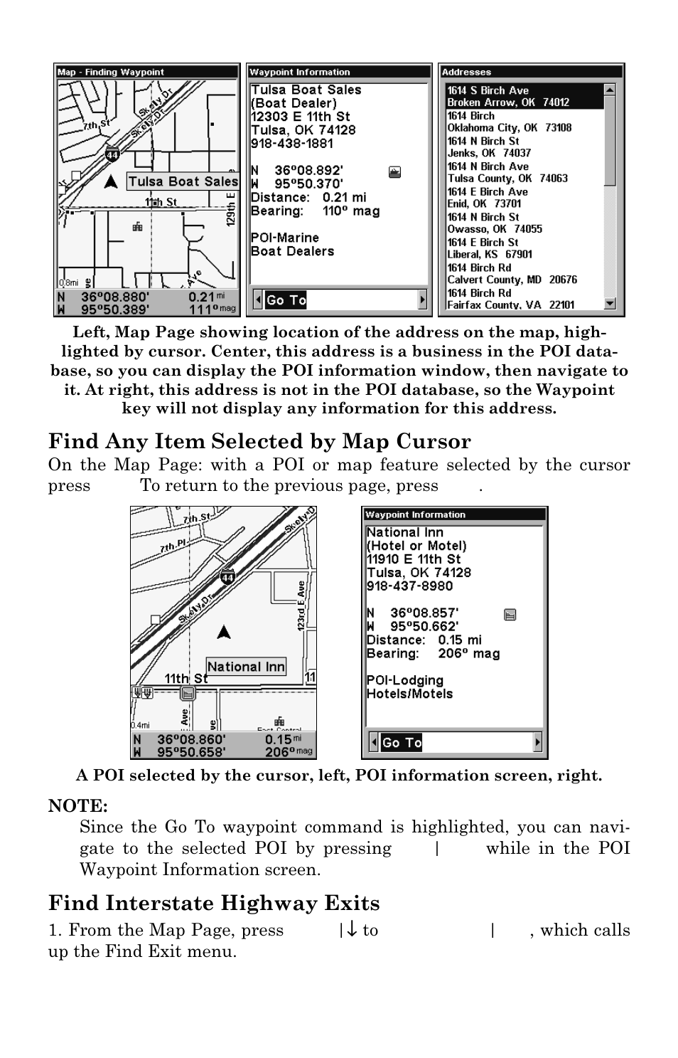 Find any item selected by map cursor, Find interstate highway exits | Lowrance electronic GlobalMap 3300C User Manual | Page 113 / 140