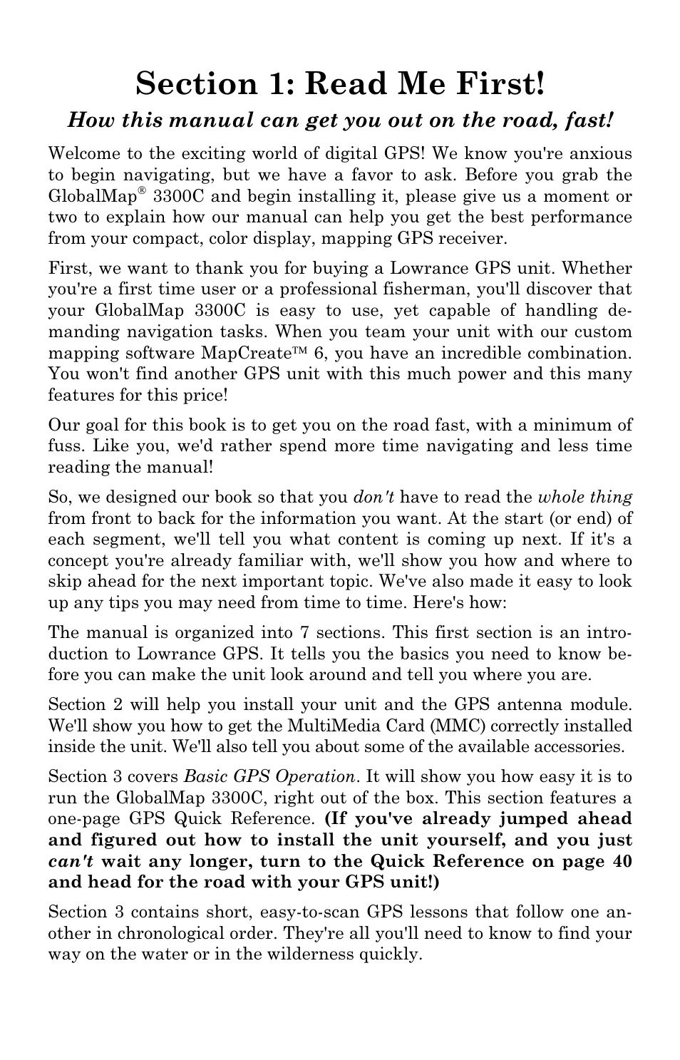 How this manual can get you out on the road, fast | Lowrance electronic GlobalMap 3300C User Manual | Page 7 / 140