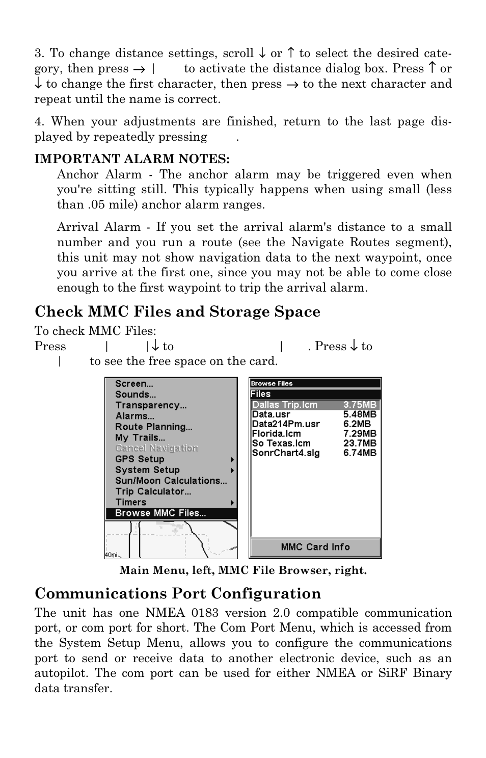 Check mmc files and storage space, Communications port configuration | Lowrance electronic GlobalMap 3300C User Manual | Page 80 / 140