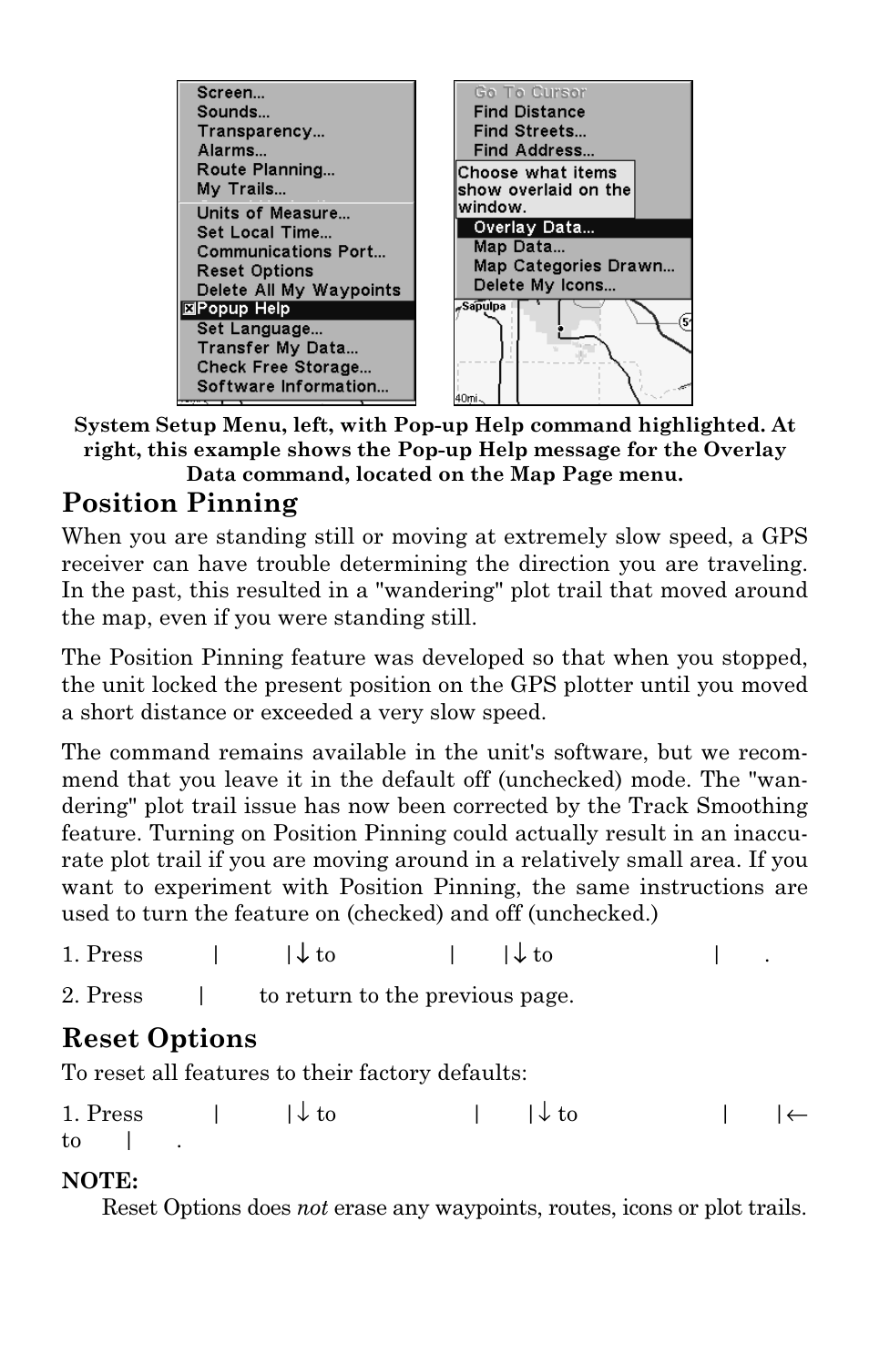 Position pinning, Reset options | Lowrance electronic GlobalMap 3300C User Manual | Page 98 / 140