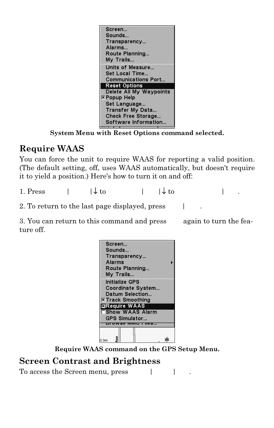 Require waas, Screen contrast and brightness | Lowrance electronic GlobalMap 3300C User Manual | Page 99 / 140