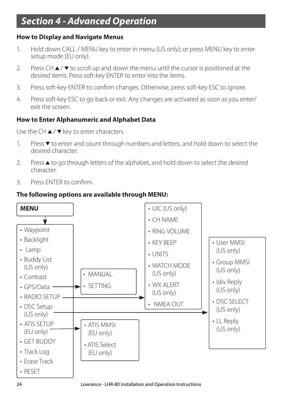 Section 4 - advanced operation | Lowrance electronic LHR-80 User Manual | Page 24 / 80