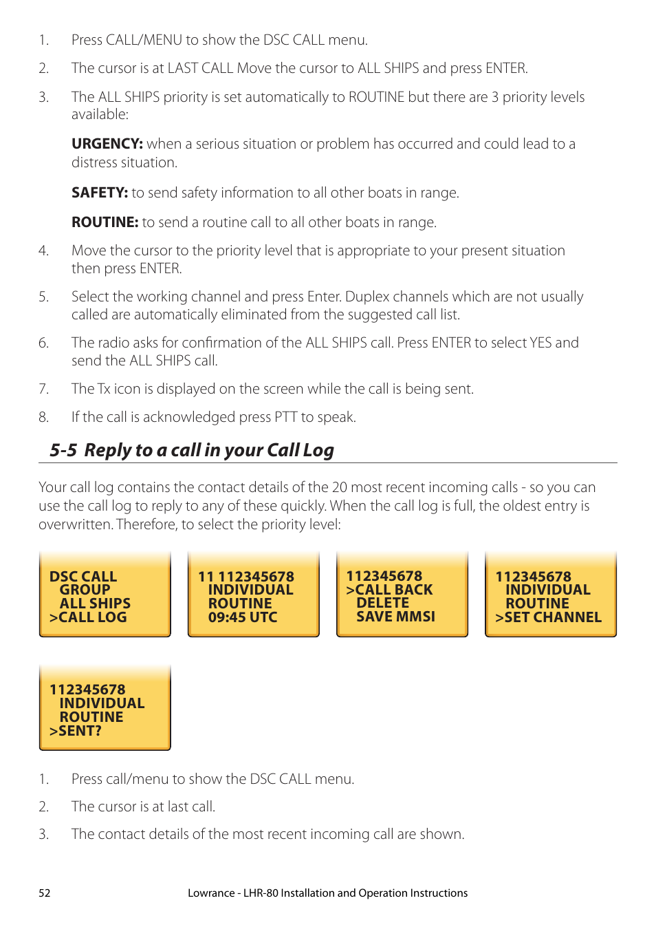 5 reply to a call in your call log | Lowrance electronic LHR-80 User Manual | Page 52 / 80