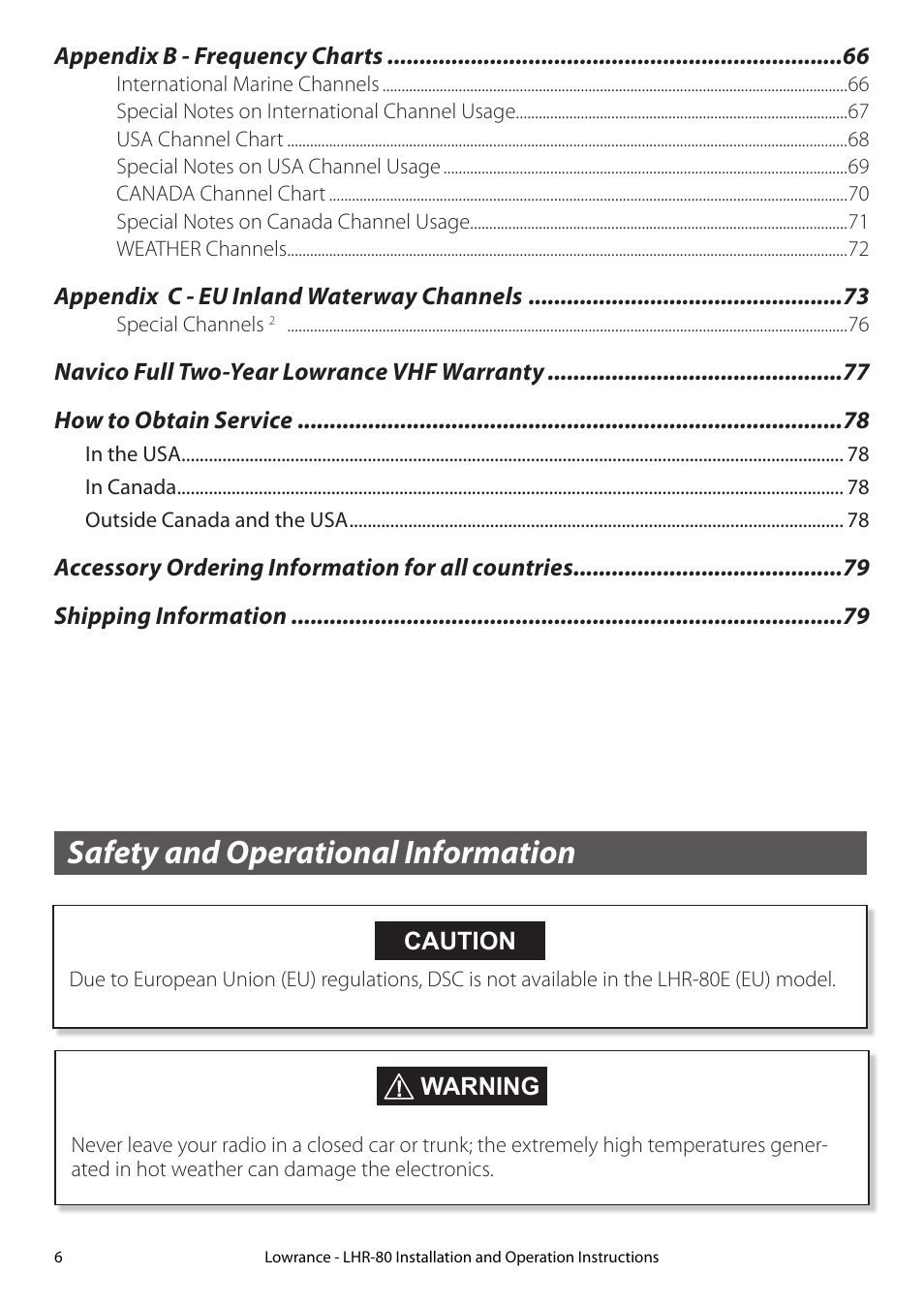 Safety and operational information | Lowrance electronic LHR-80 User Manual | Page 6 / 80