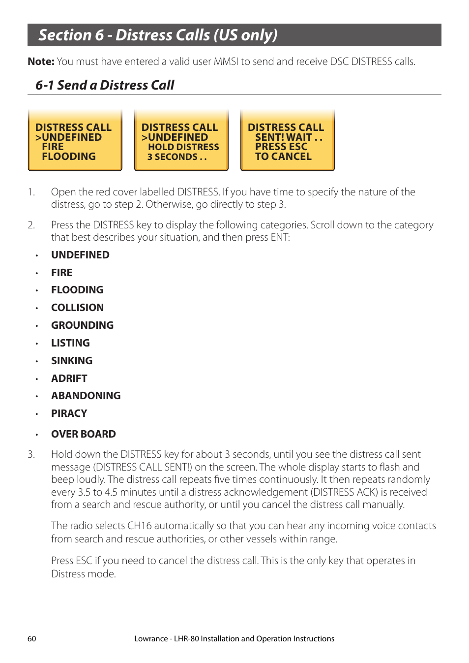 Section 6 - distress calls (us only), 1 send a distress call | Lowrance electronic LHR-80 User Manual | Page 60 / 80