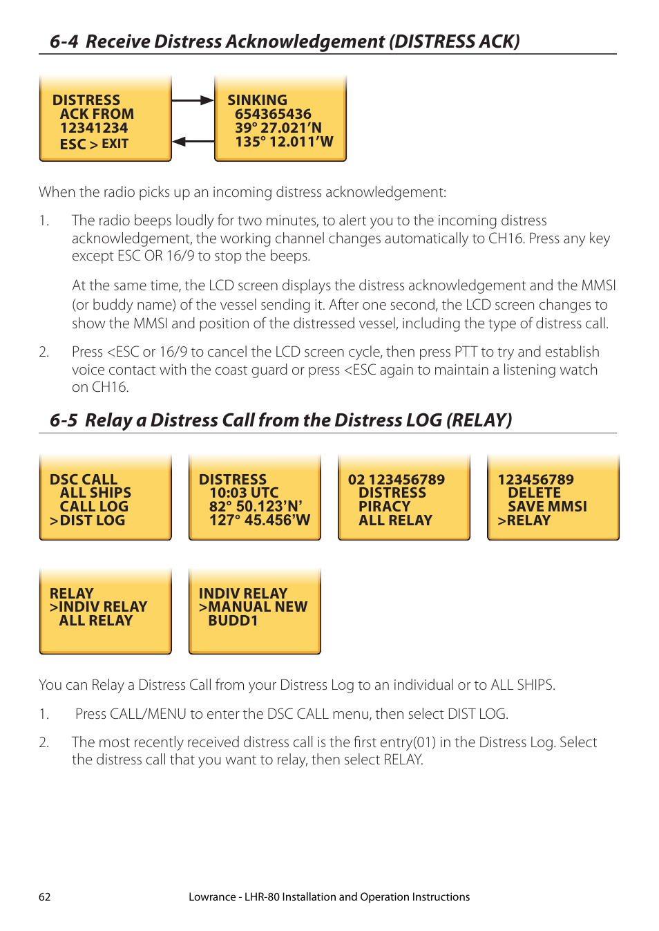 4 receive distress acknowledgement (distress ack) | Lowrance electronic LHR-80 User Manual | Page 62 / 80