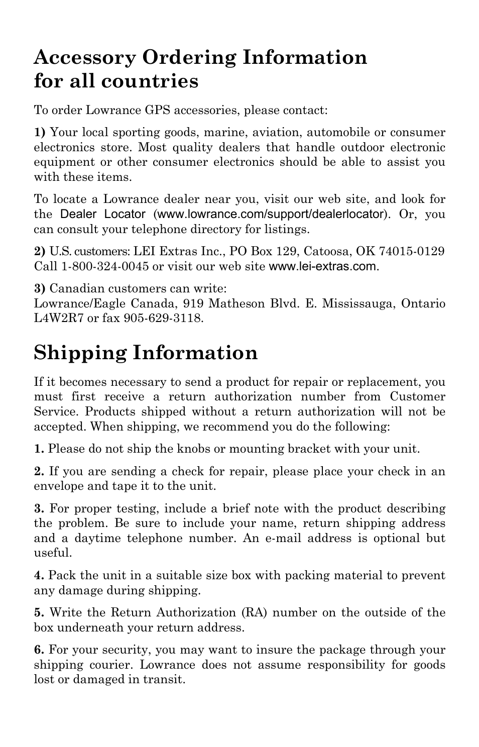 Accessory ordering information for all countries, Shipping information | Lowrance electronic Lowrance IWAY 350C User Manual | Page 2 / 78