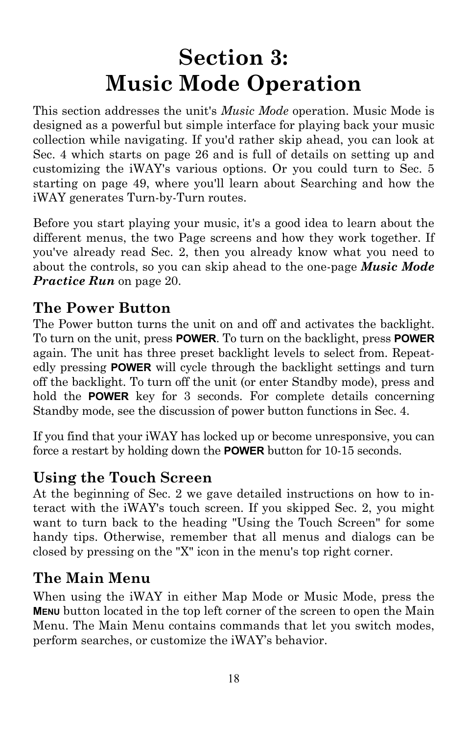 The power button, Using the touch screen, The main menu | Lowrance electronic Lowrance IWAY 350C User Manual | Page 25 / 78