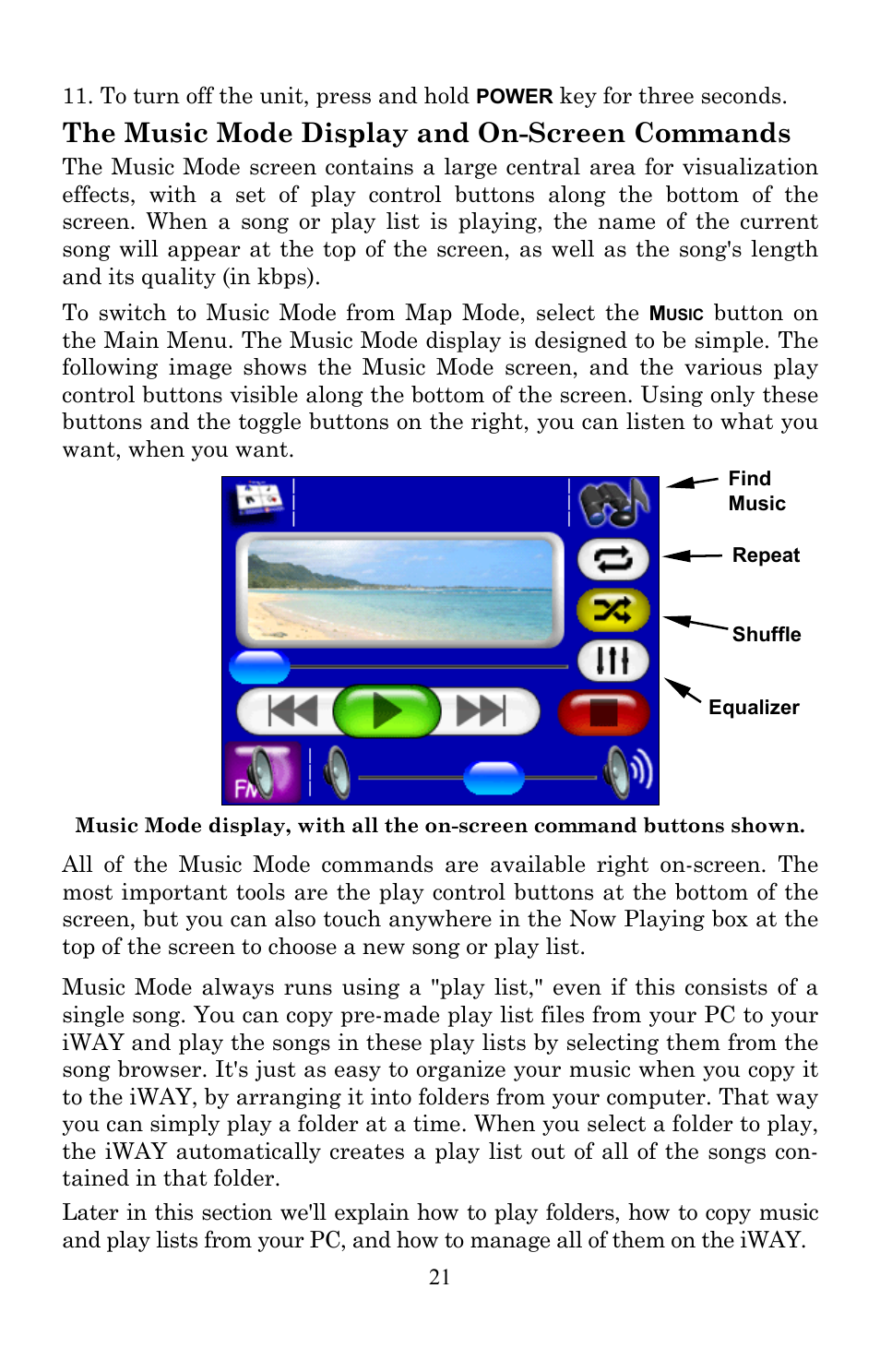 The music mode display and on-screen commands | Lowrance electronic Lowrance IWAY 350C User Manual | Page 28 / 78