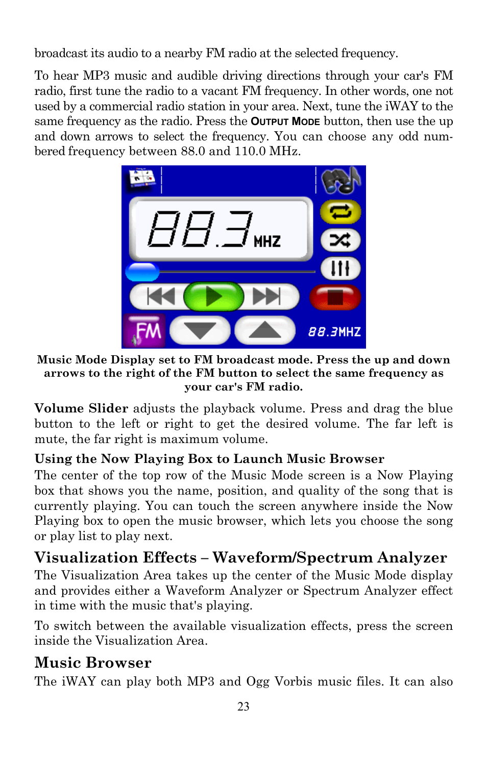 Visualization effects – waveform/spectrum analyzer, Music browser | Lowrance electronic Lowrance IWAY 350C User Manual | Page 30 / 78