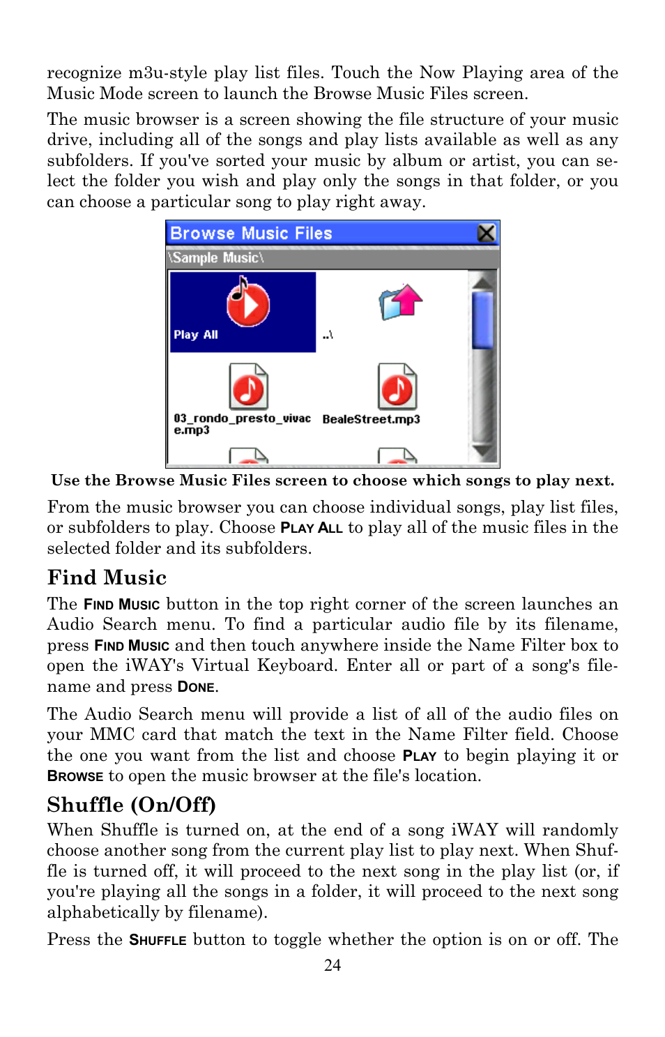 Find music, Shuffle (on/off) | Lowrance electronic Lowrance IWAY 350C User Manual | Page 31 / 78