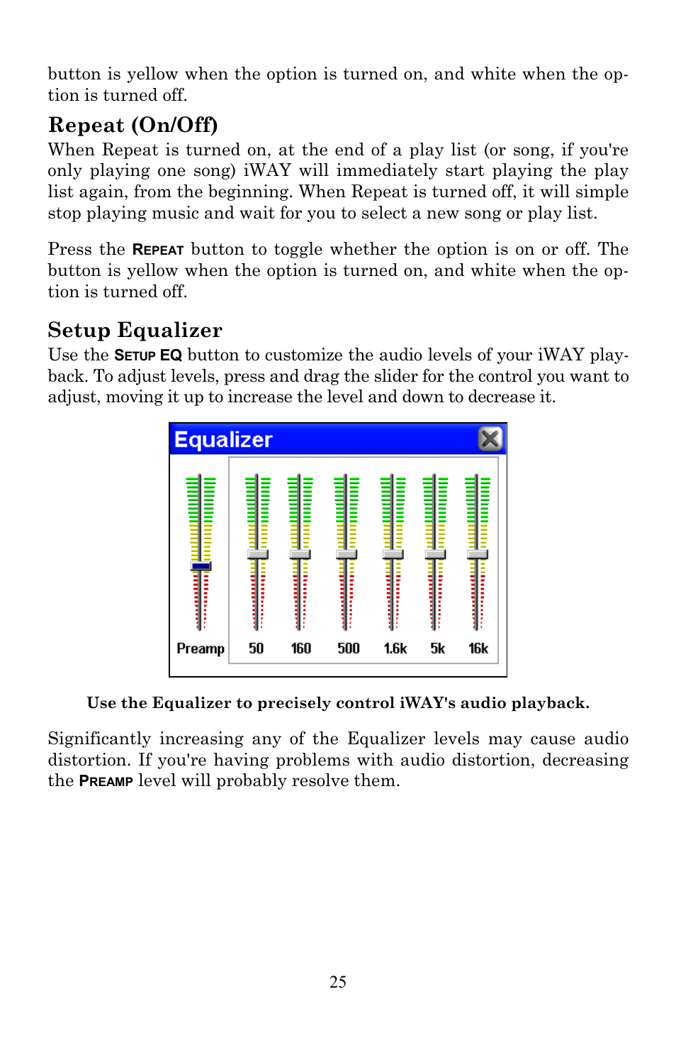 Repeat (on/off), Setup equalizer | Lowrance electronic Lowrance IWAY 350C User Manual | Page 32 / 78