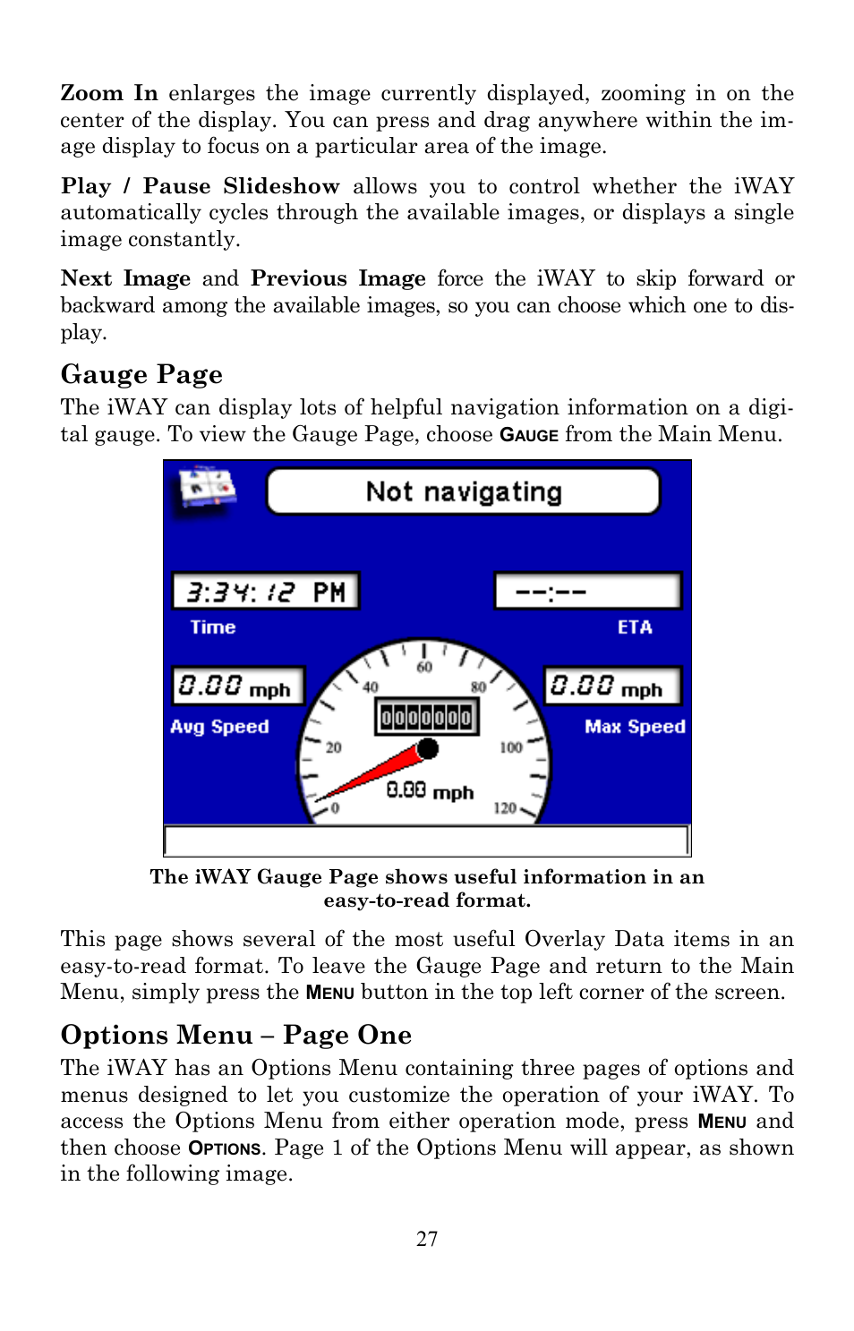 Gauge page, Options menu – page one | Lowrance electronic Lowrance IWAY 350C User Manual | Page 34 / 78