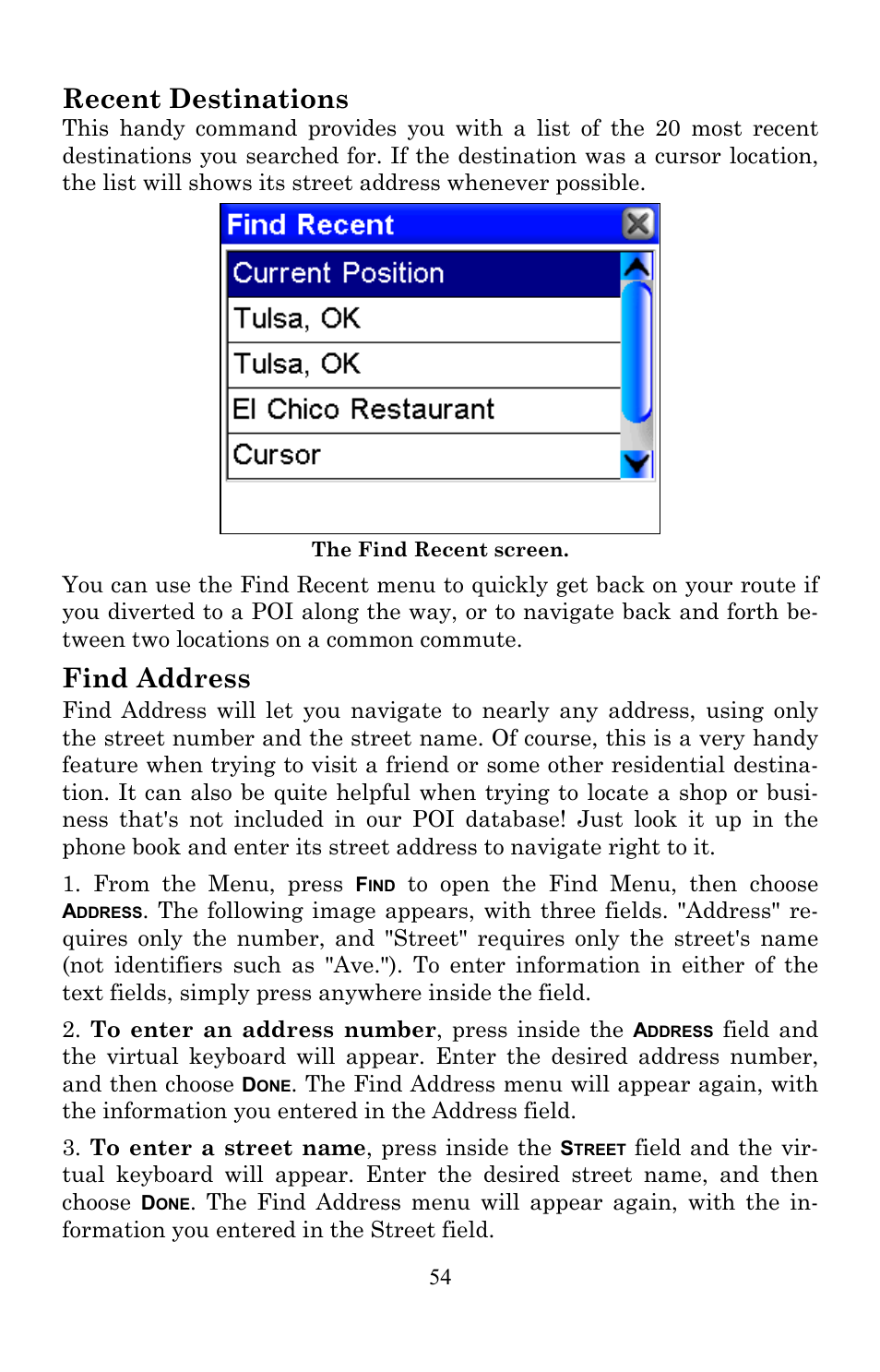 Recent destinations, Find address | Lowrance electronic Lowrance IWAY 350C User Manual | Page 61 / 78