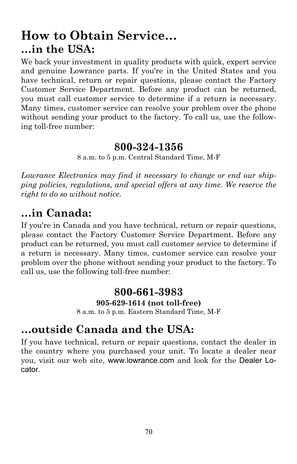 How to obtain service, Outside canada and the usa | Lowrance electronic Lowrance IWAY 350C User Manual | Page 77 / 78