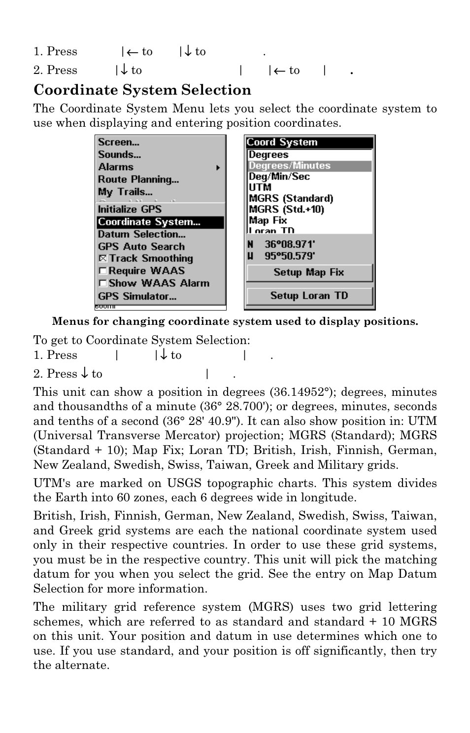 Coordinate system selection | Lowrance electronic M56 User Manual | Page 117 / 164