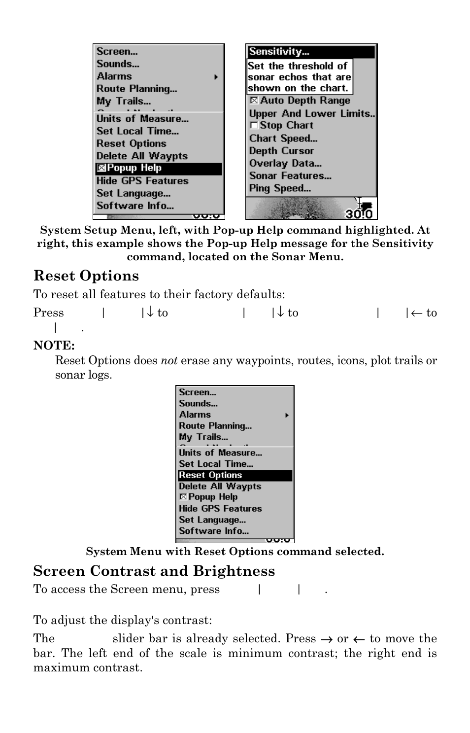 Reset options, Screen contrast and brightness | Lowrance electronic M56 User Manual | Page 130 / 164