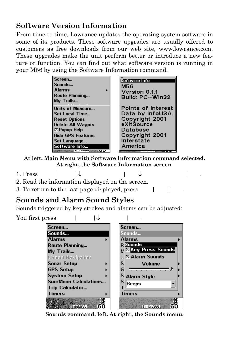 Software version information, Sounds and alarm sound styles | Lowrance electronic M56 User Manual | Page 133 / 164