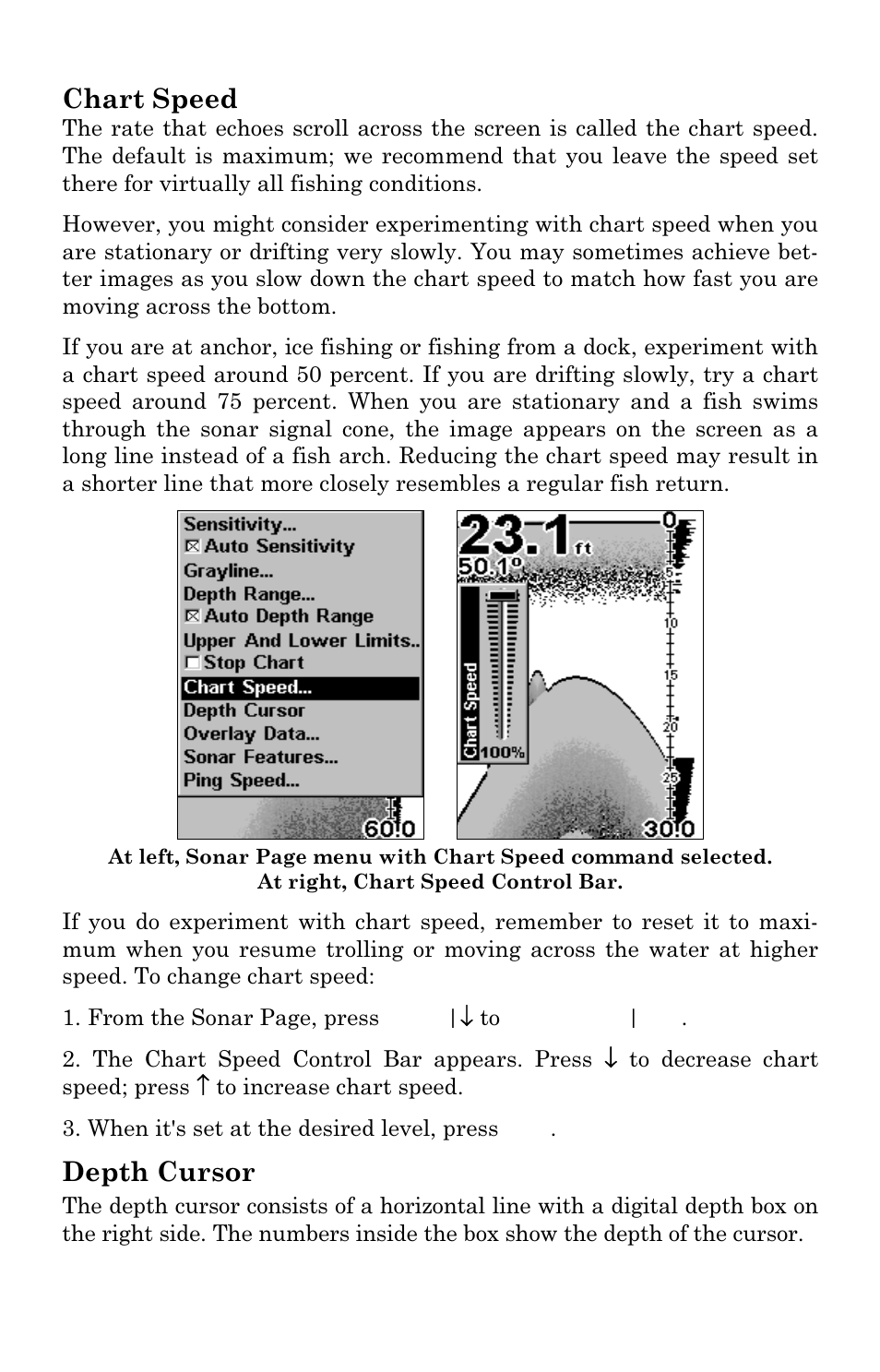 Chart speed, Depth cursor | Lowrance electronic M56 User Manual | Page 53 / 164