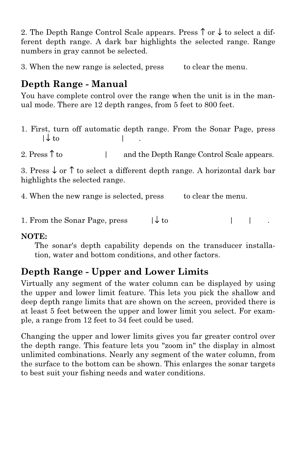 Depth range - manual, Depth range - upper and lower limits | Lowrance electronic M56 User Manual | Page 55 / 164