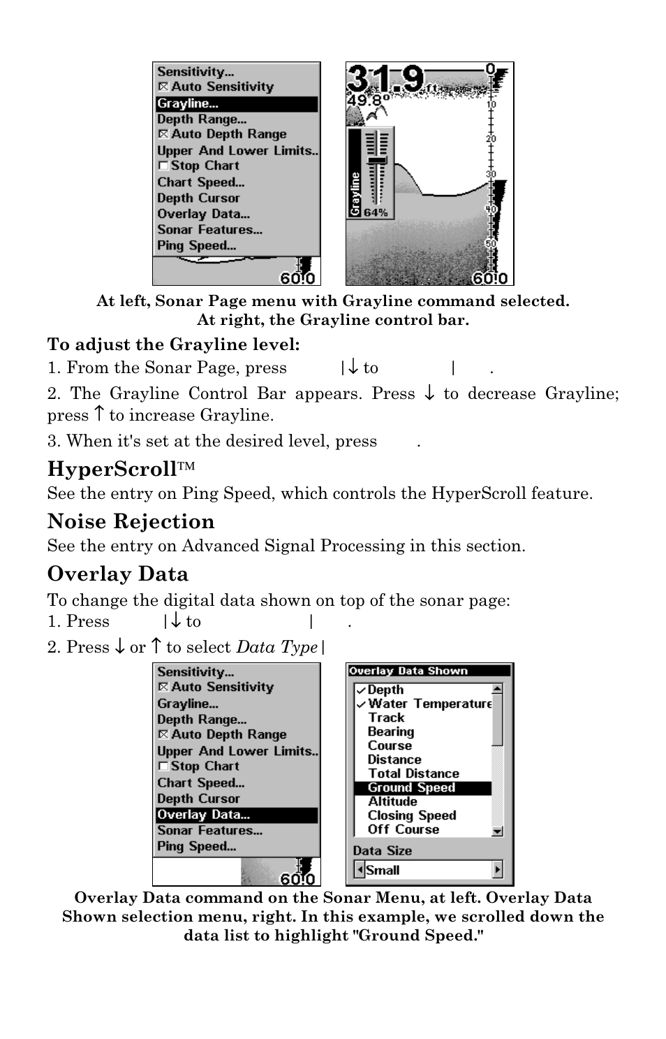 Hyperscroll, Noise rejection, Overlay data | Lowrance electronic M56 User Manual | Page 61 / 164