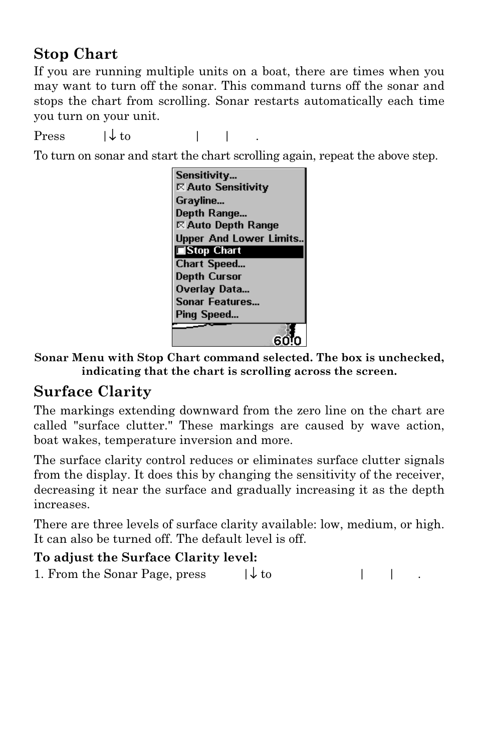 Stop chart, Surface clarity | Lowrance electronic M56 User Manual | Page 71 / 164