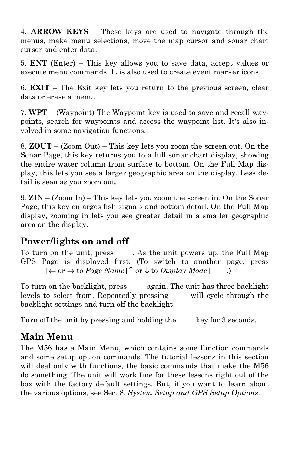 Power/lights on and off, Main menu | Lowrance electronic M56 User Manual | Page 80 / 164