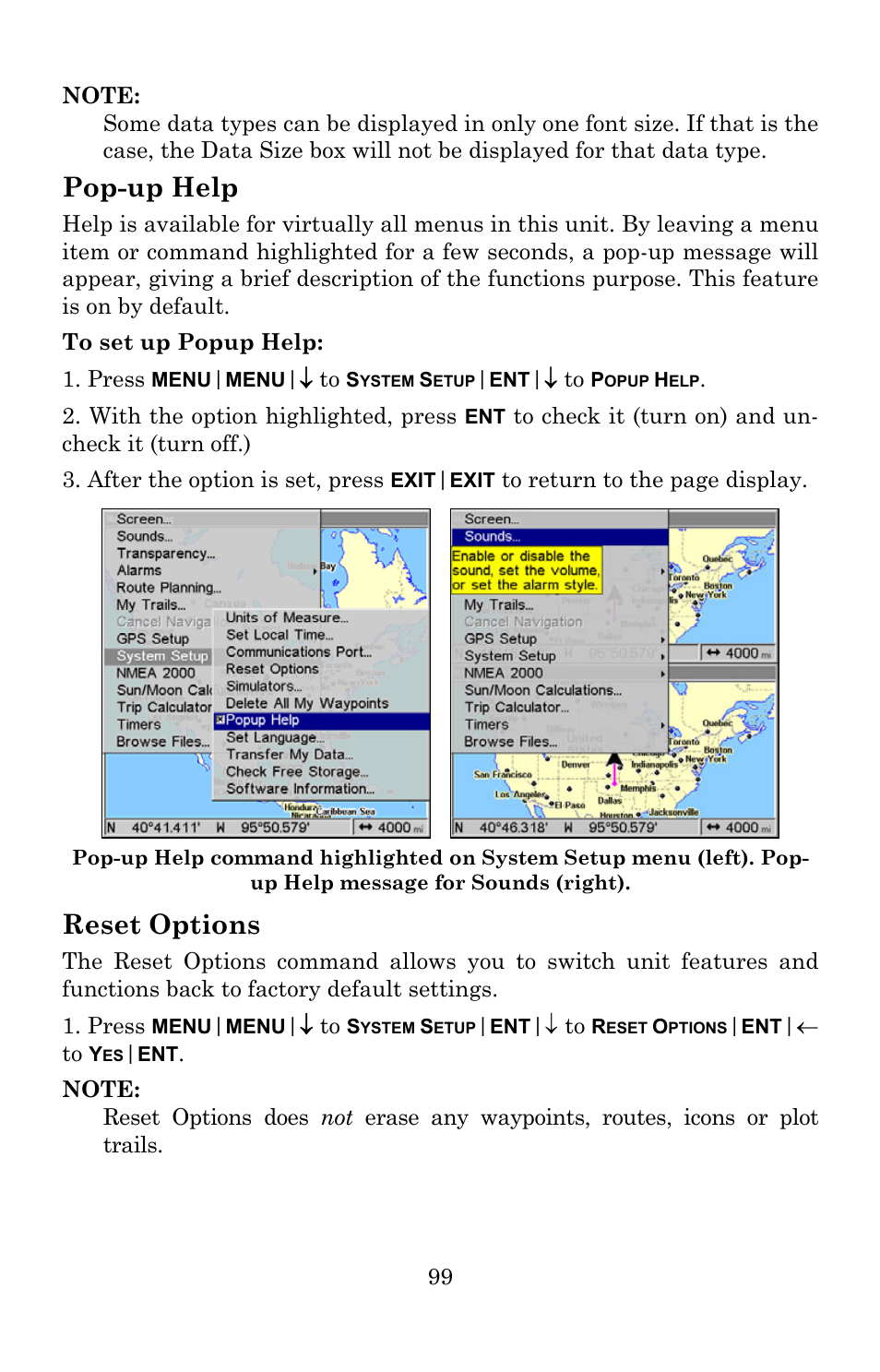 Pop-up help, Reset options | Lowrance electronic 540c Baja User Manual | Page 107 / 172