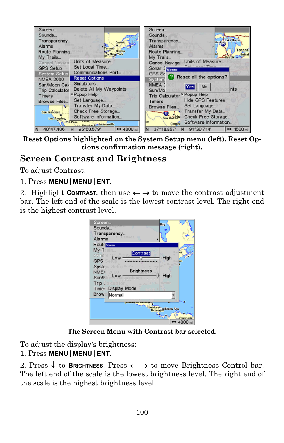 Screen contrast and brightness | Lowrance electronic 540c Baja User Manual | Page 108 / 172