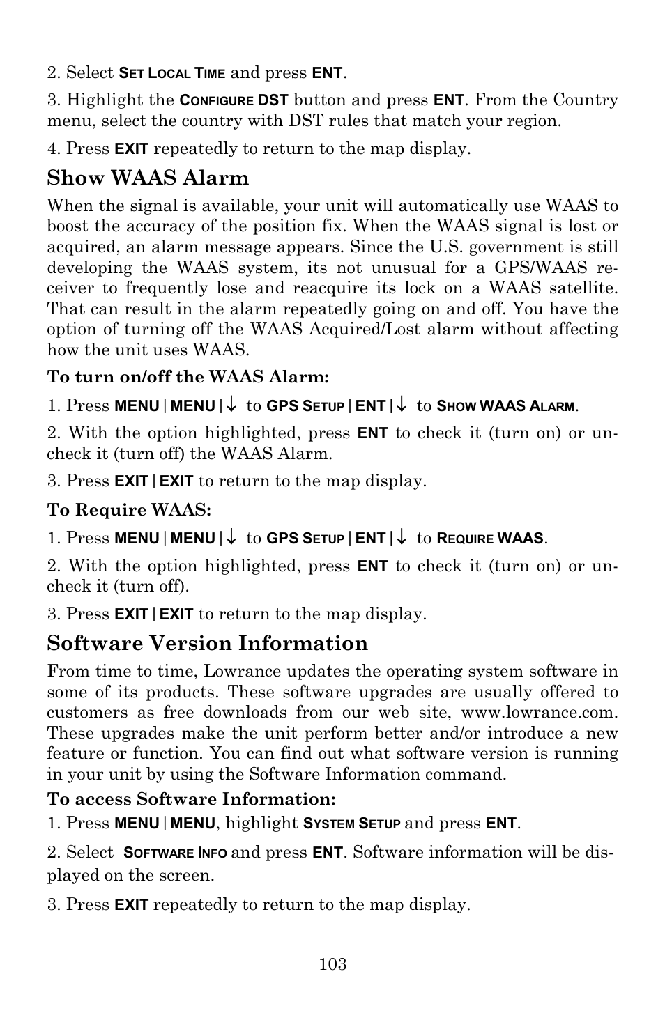 Show waas alarm, Software version information | Lowrance electronic 540c Baja User Manual | Page 111 / 172