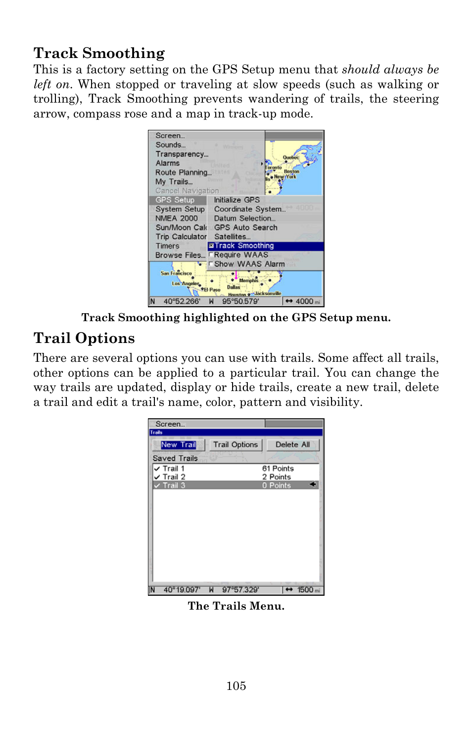 Track smoothing, Trail options | Lowrance electronic 540c Baja User Manual | Page 113 / 172