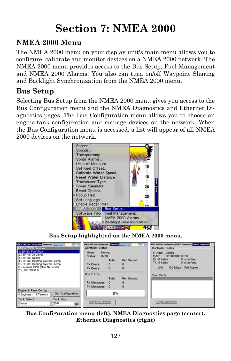 Nmea 2000 menu, Bus setup | Lowrance electronic 540c Baja User Manual | Page 135 / 172