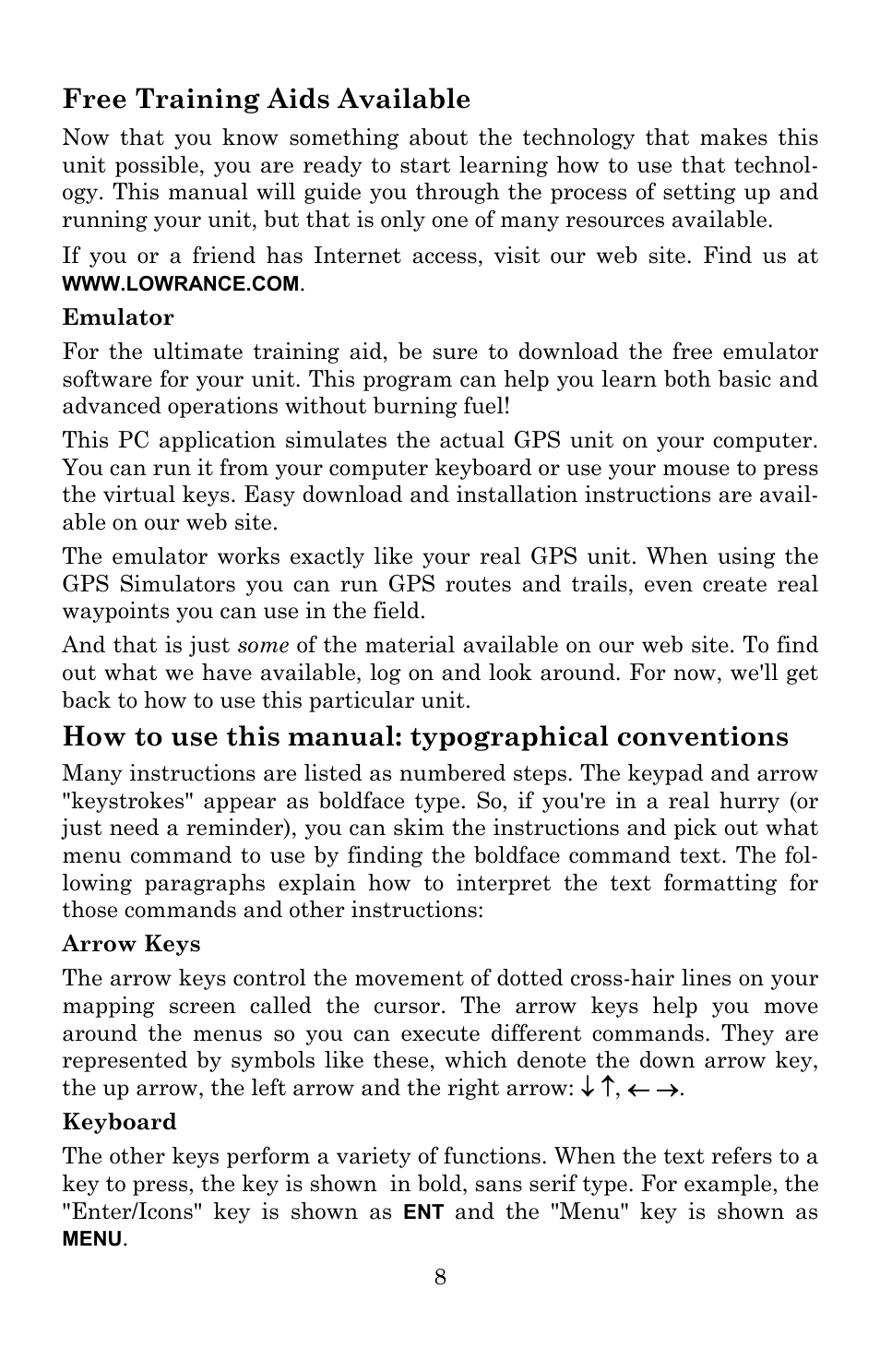 Free training aids available, How to use this manual: typographical conventions | Lowrance electronic 540c Baja User Manual | Page 16 / 172