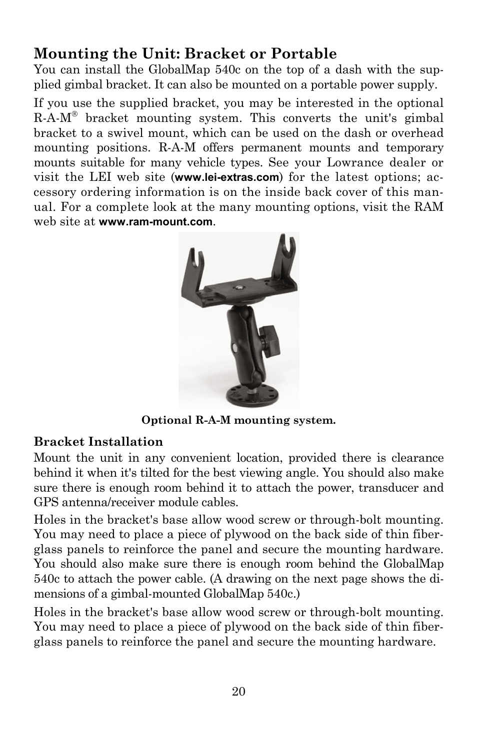 Mounting the unit: bracket or portable | Lowrance electronic 540c Baja User Manual | Page 28 / 172