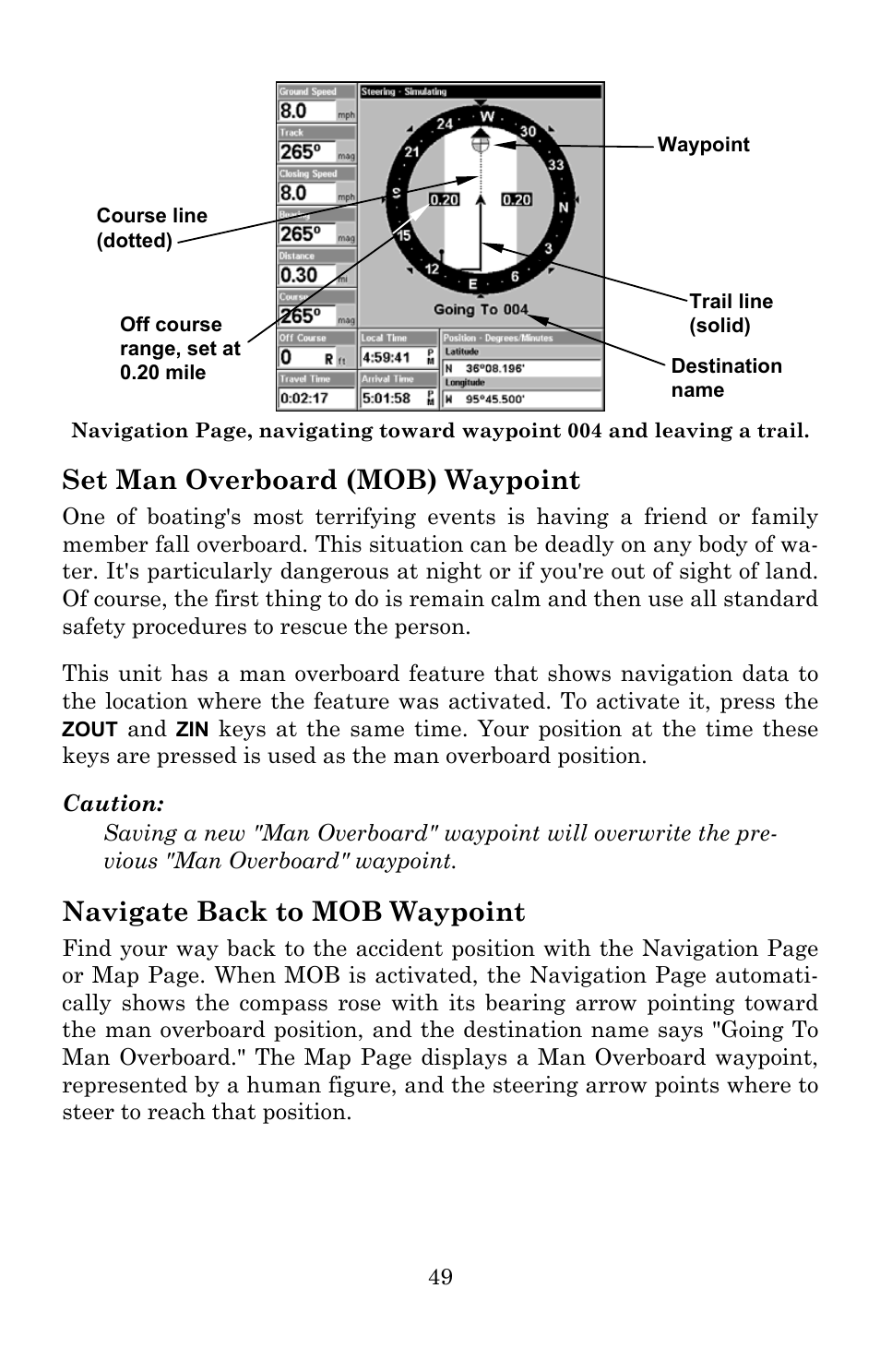 Set man overboard (mob) waypoint, Navigate back to mob waypoint | Lowrance electronic 540c Baja User Manual | Page 57 / 172