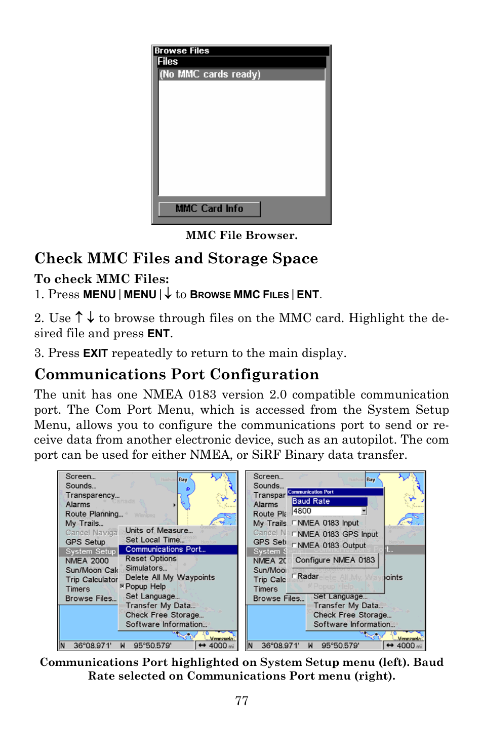 Check mmc files and storage space, Communications port configuration | Lowrance electronic 540c Baja User Manual | Page 85 / 172