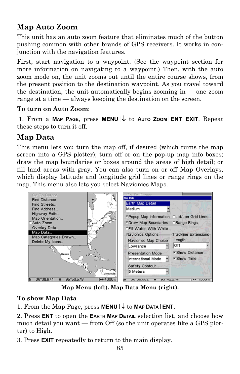 Map auto zoom, Map data | Lowrance electronic 540c Baja User Manual | Page 93 / 172