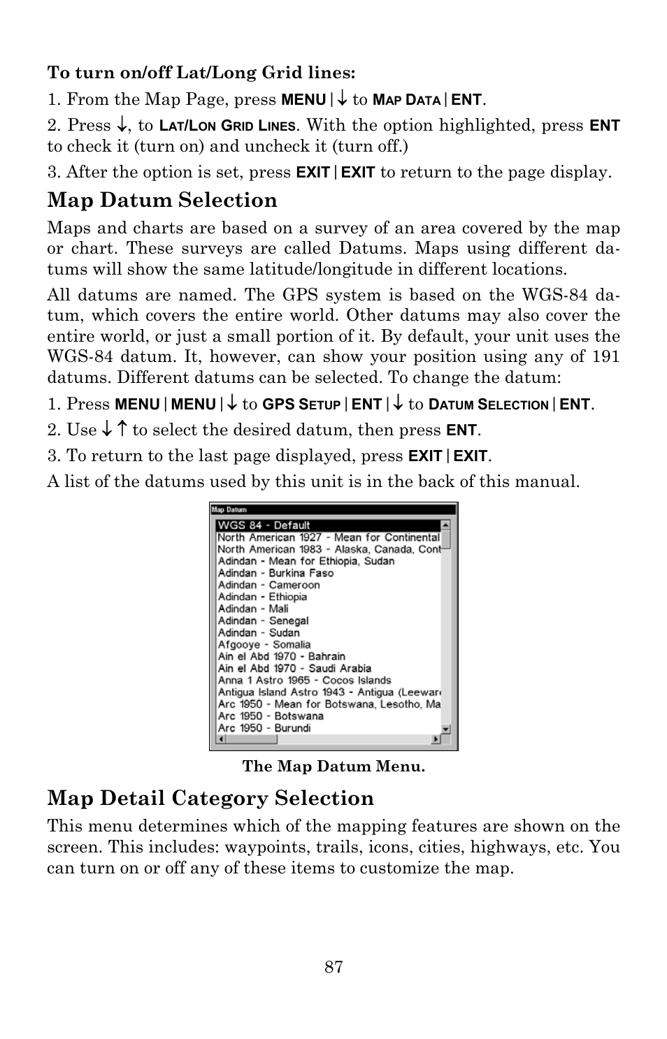 Map datum selection, Map detail category selection | Lowrance electronic 540c Baja User Manual | Page 95 / 172