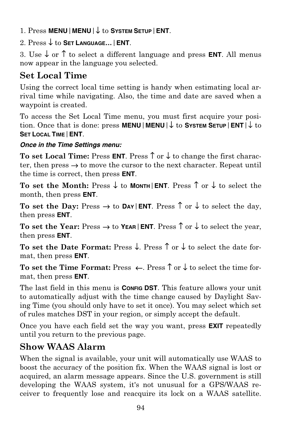 Set local time, Show waas alarm | Lowrance electronic 3500C User Manual | Page 100 / 136