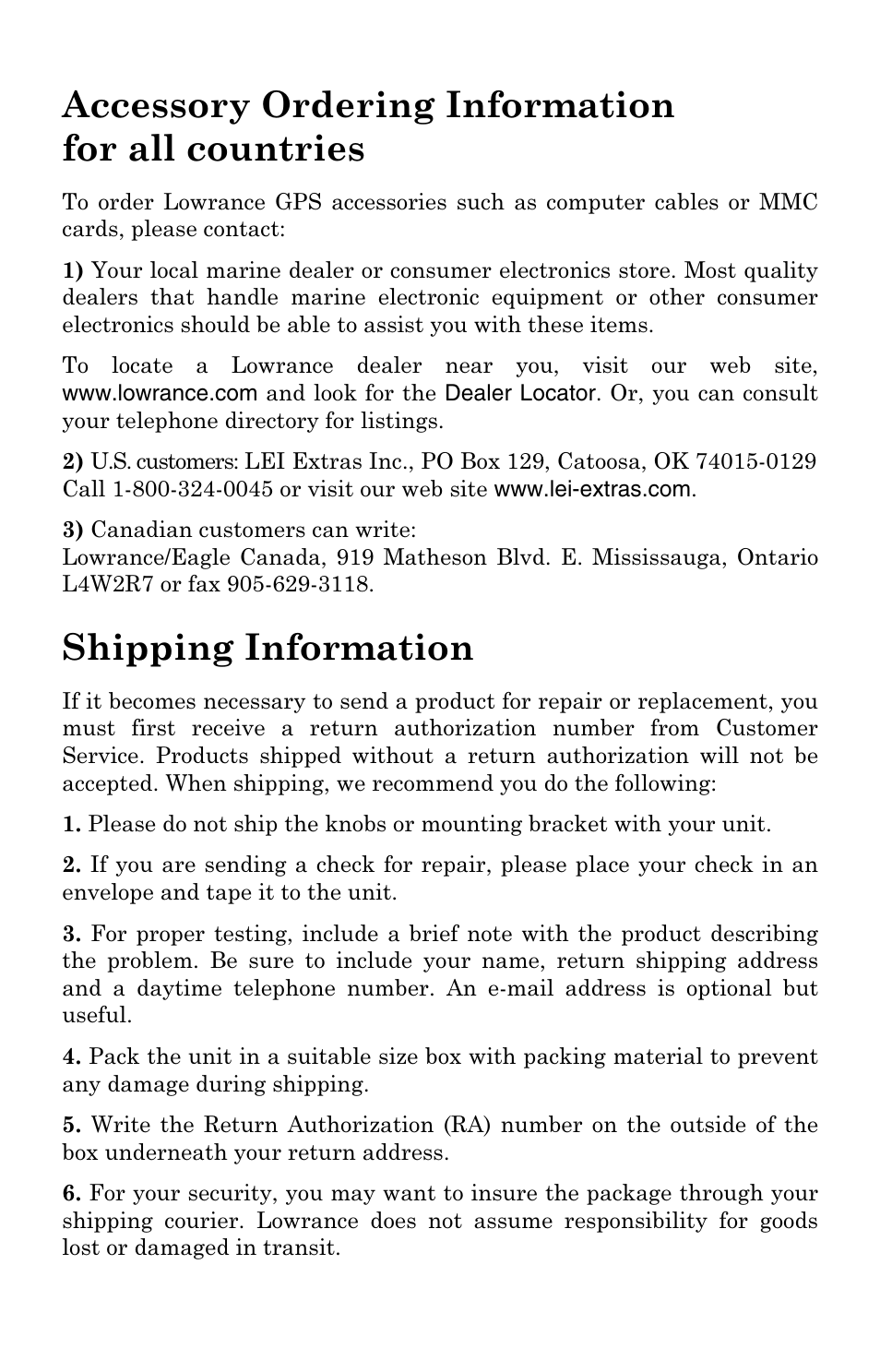 Accessory ordering information for all countries, Shipping information | Lowrance electronic Mapping GPS Receiver User Manual | Page 131 / 132